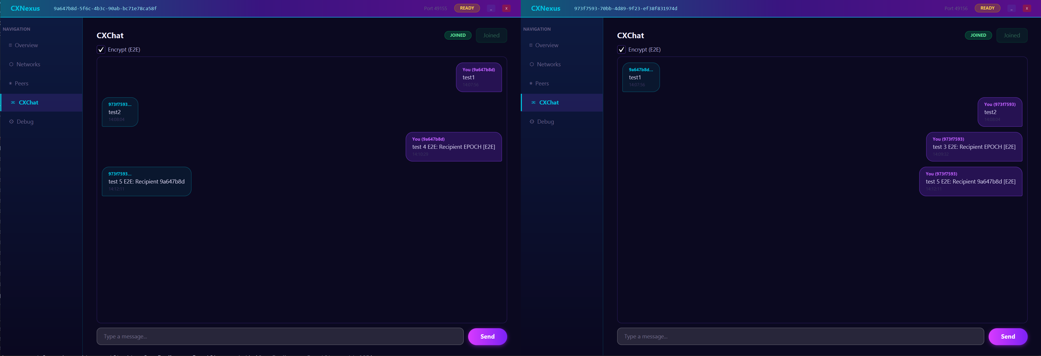 Two CXNexus 1.1.1 instances side by side exchanging end-to-end encrypted messages over CXChat with no central server