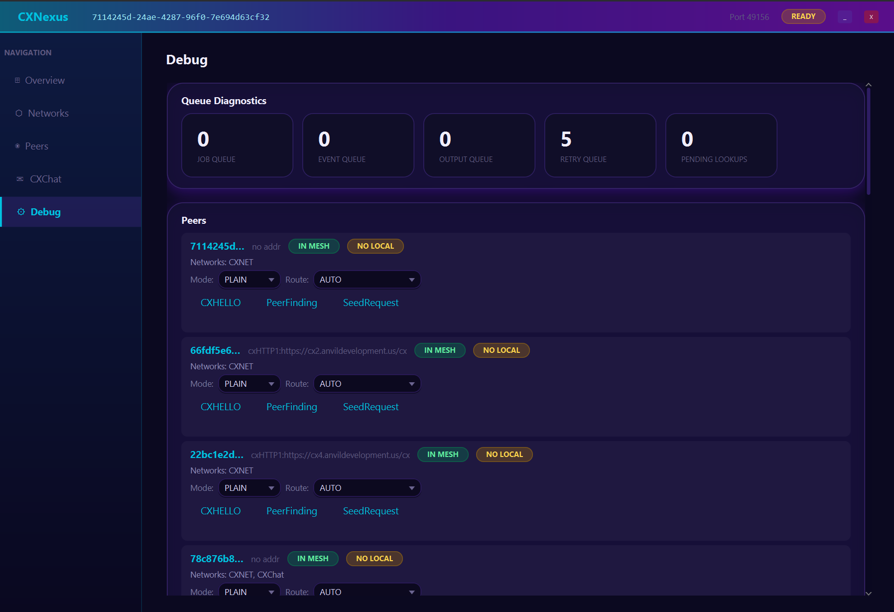 CXNexus 1.1.1 debug panel showing queue diagnostics and per-peer mesh state with transport controls