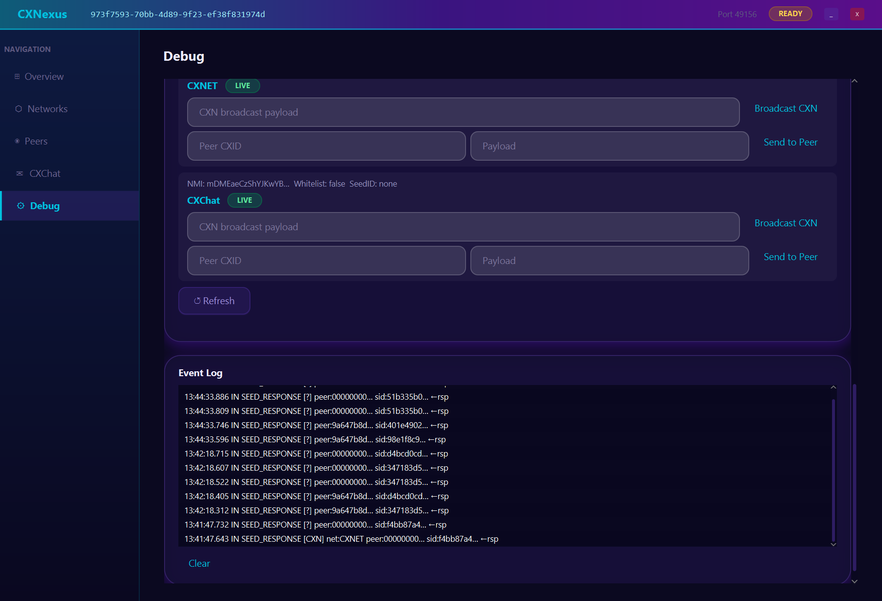 CXNexus 1.1.1 debug panel showing per-network broadcast and send-to-peer controls above a live event log