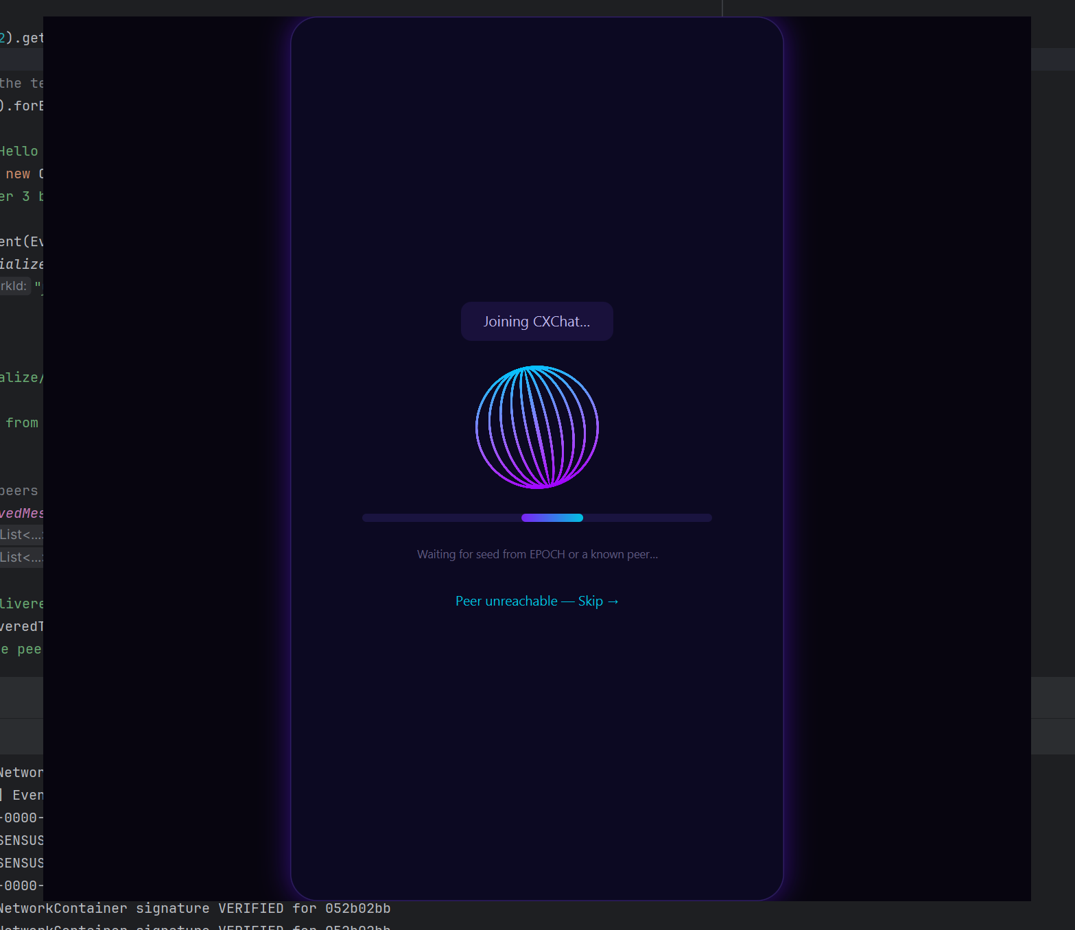 CXNexus join progress screen showing it is waiting for a seed from EPOCH or a known peer, with a skip option