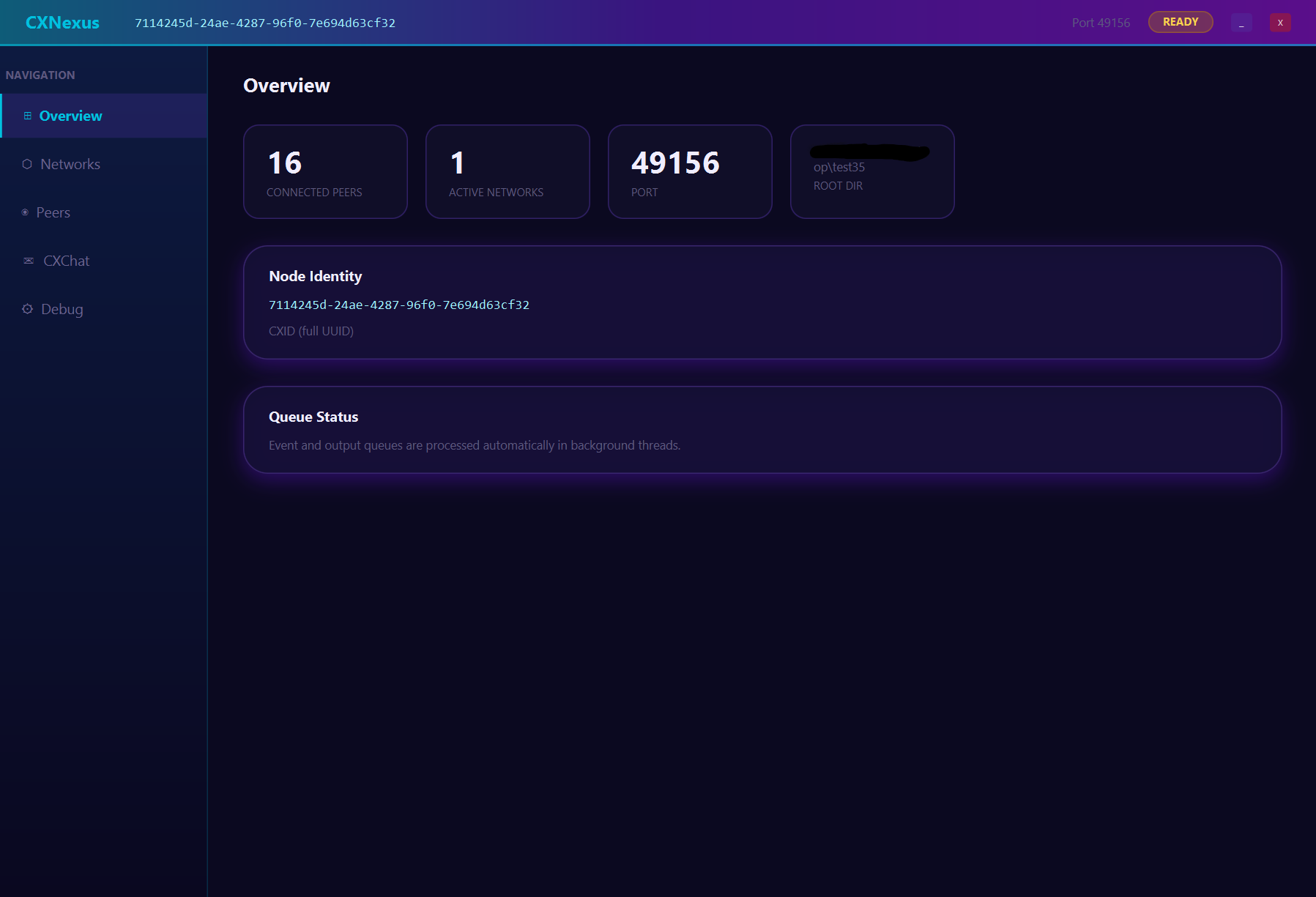 CXNexus 1.1.1 Overview showing 16 connected peers, active networks, listening port, root directory, node identity, and queue status