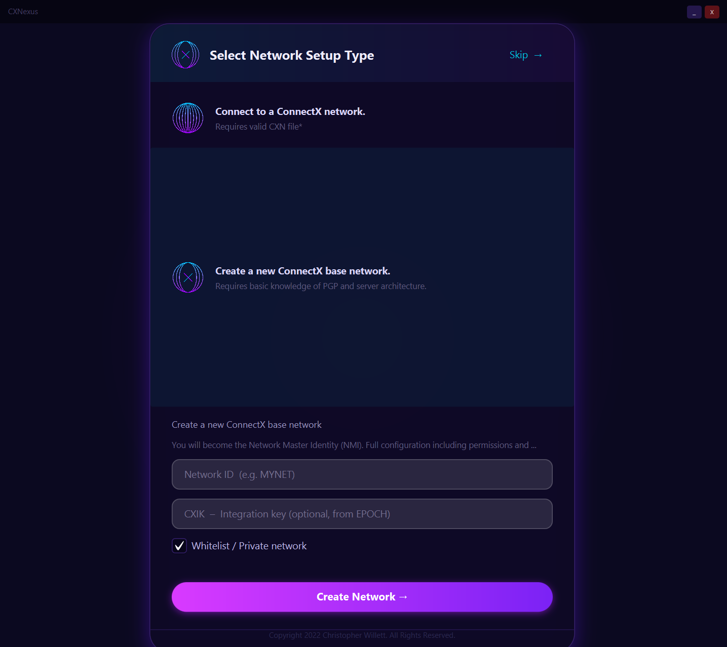 CXNexus create network wizard with NMI provisioning
