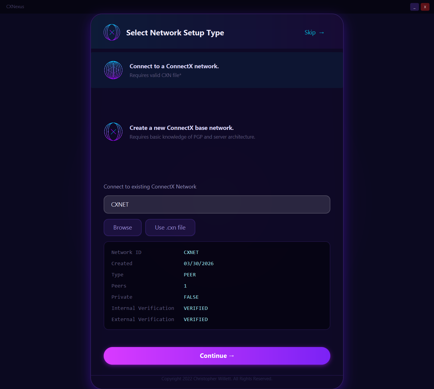 CXNexus network join wizard showing network verification details