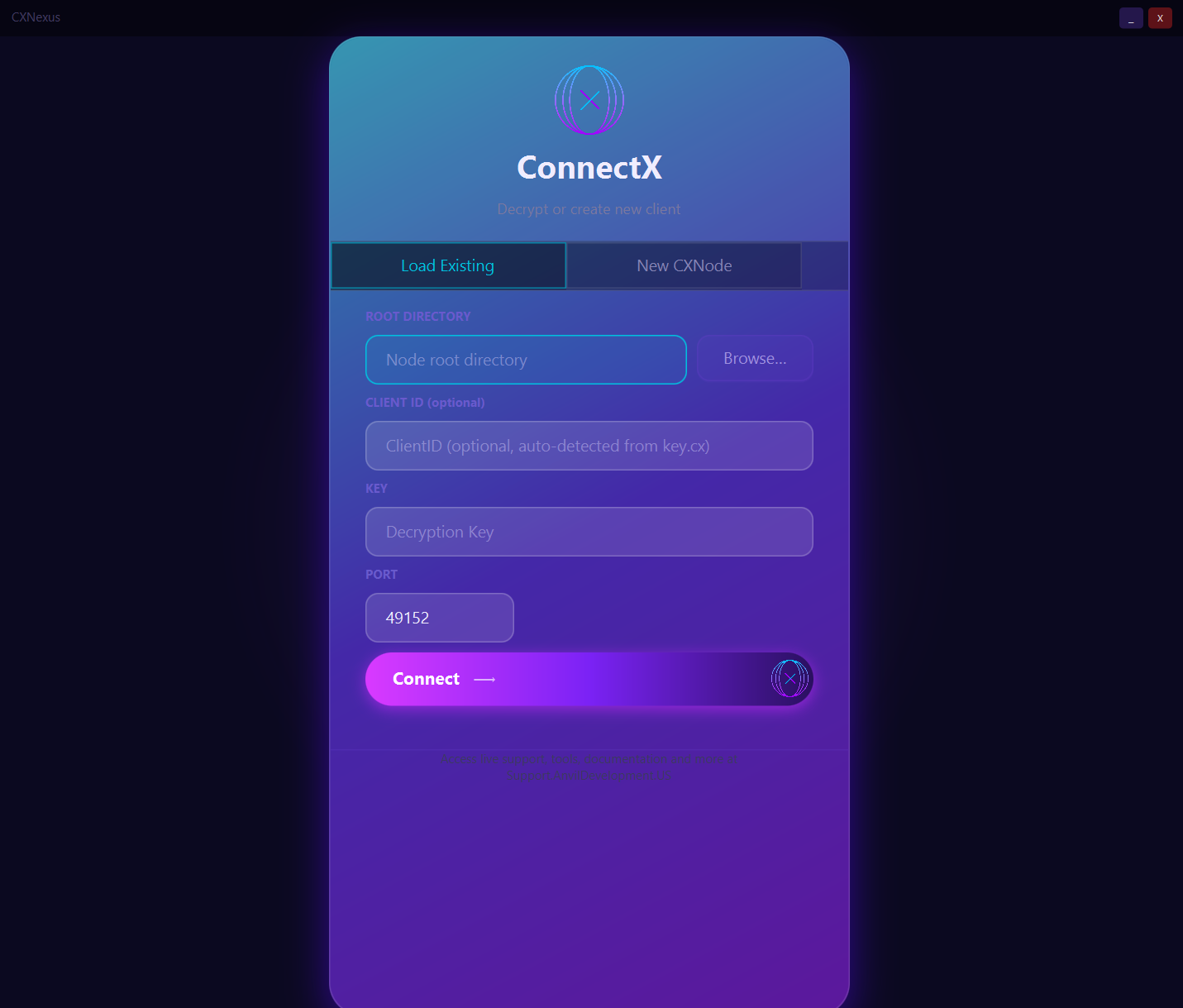 CXNexus splash screen showing node load and creation options