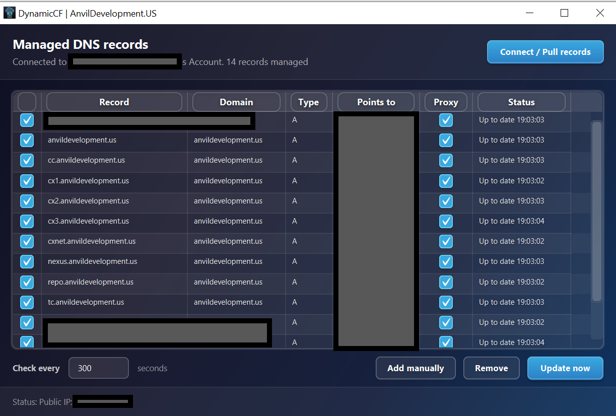DynamicCF 2.0 main window showing 14 managed DNS records with enable, proxy, and status columns