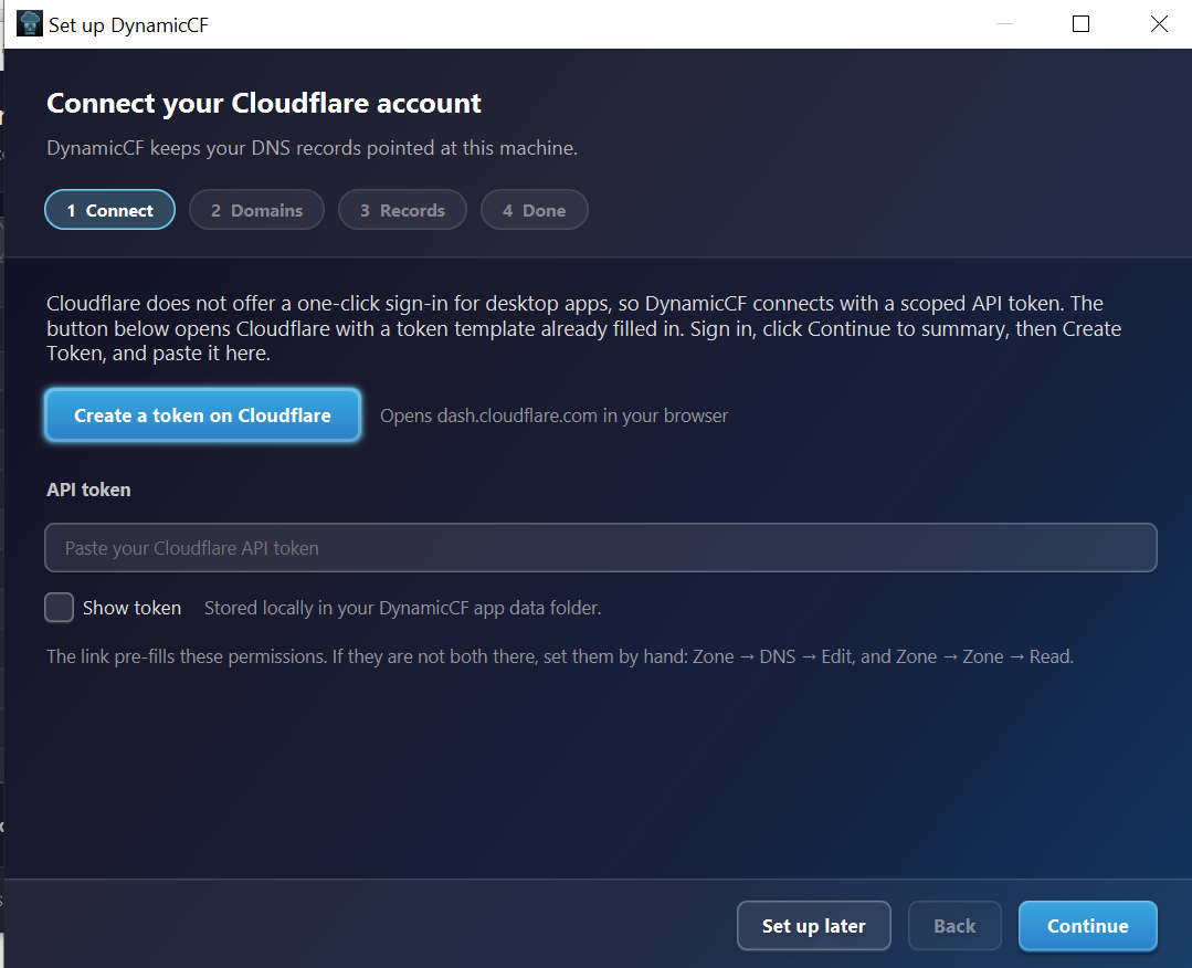 DynamicCF onboarding step 1: connect your Cloudflare account by pasting a scoped API token