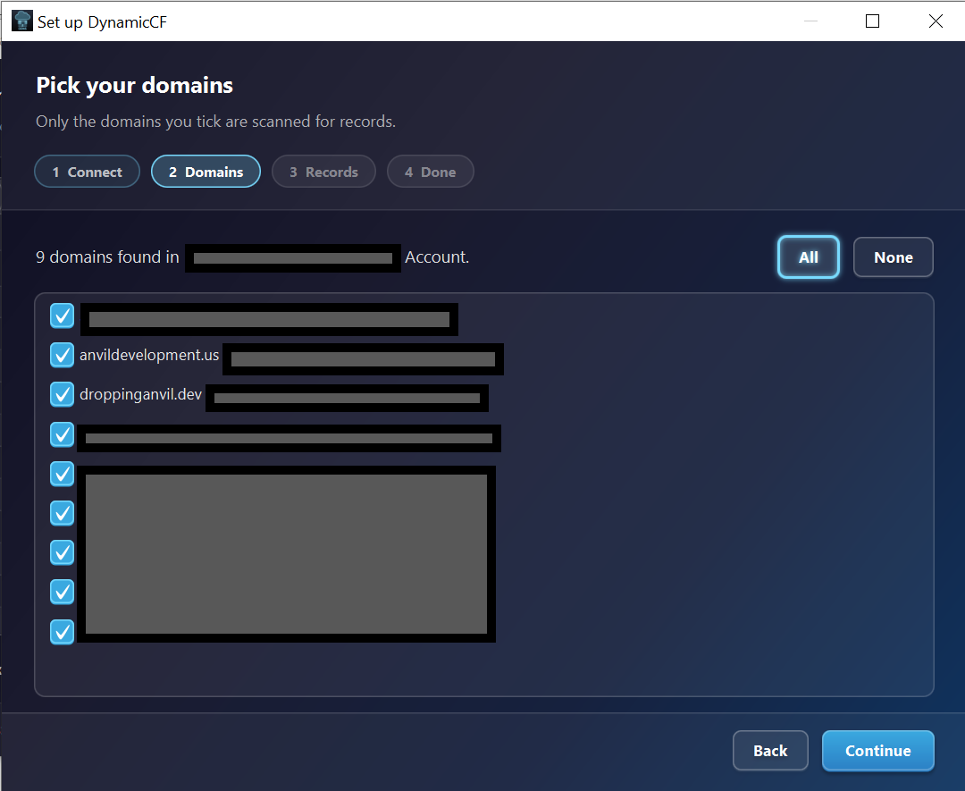 DynamicCF onboarding step 2: pick which of the discovered domains to scan for records