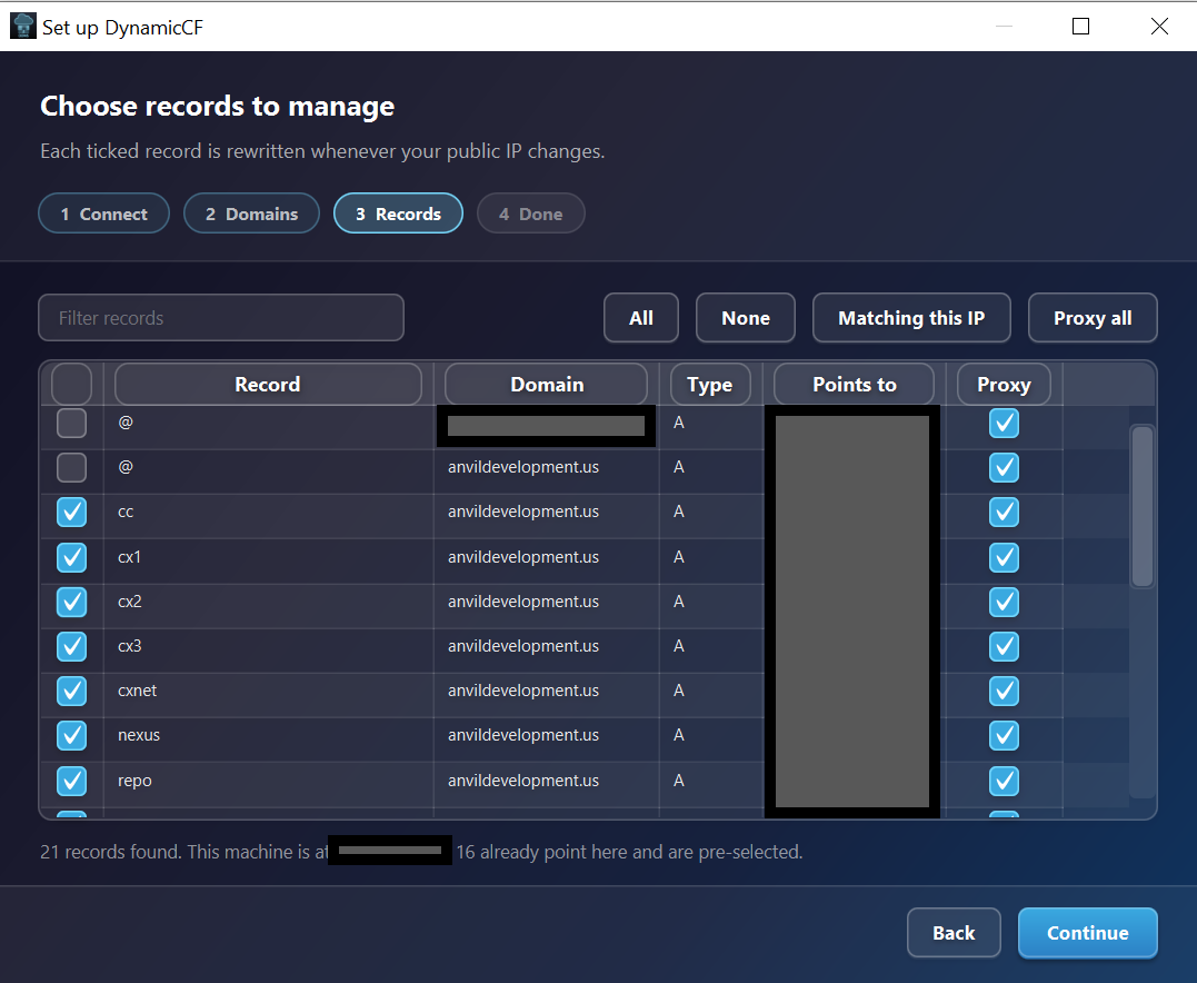 DynamicCF onboarding step 3: choose which A and AAAA records to manage, with a proxy column