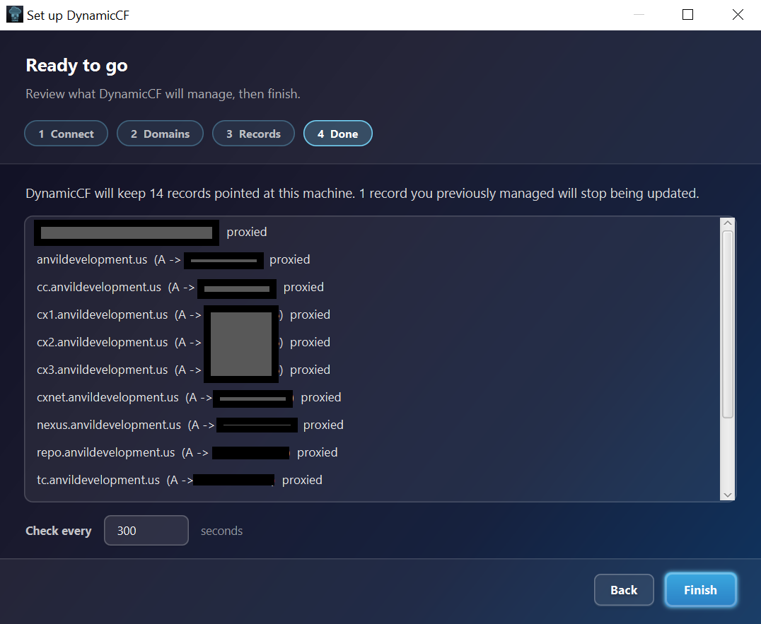 DynamicCF onboarding step 4: review the records that will be managed and set the check interval